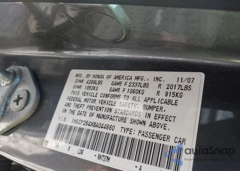 2008 Honda Accord 2.4 Lx-P from USA, damaged, VIN 1HGCP264X8A044660